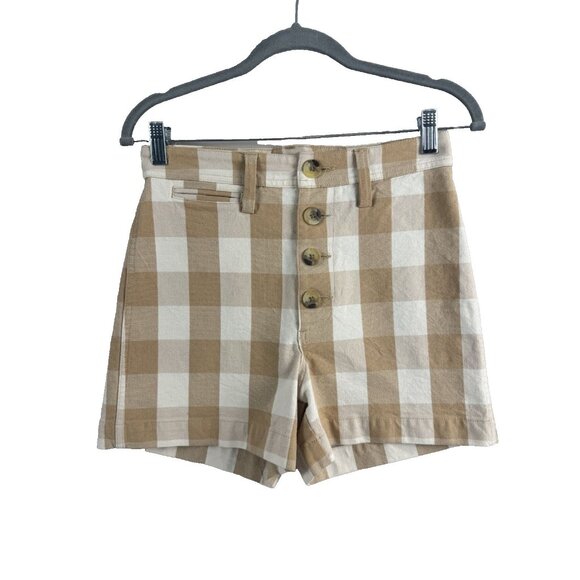 Madewell Gingham Plaid Button Shorts 25 Tan Cream Cottagecore French Girl Coasta - Picture 3 of 9